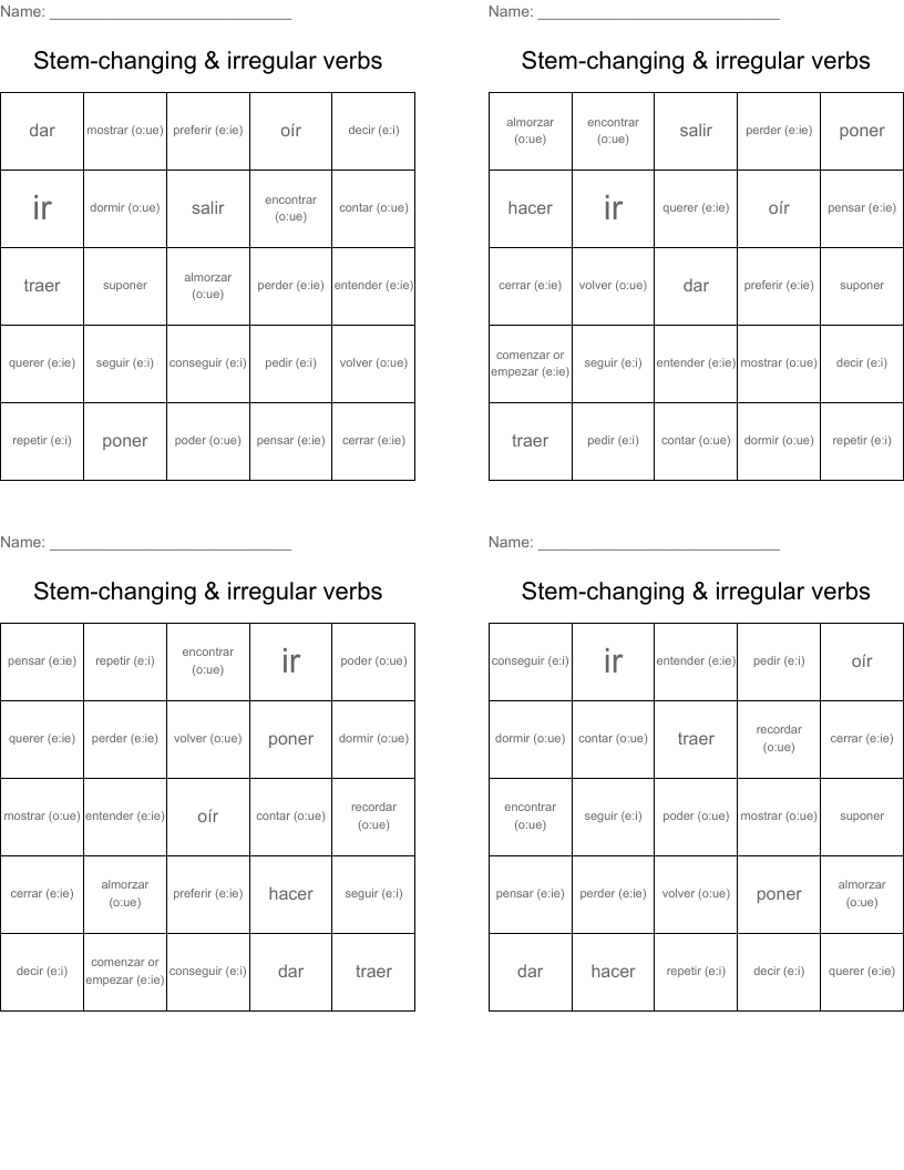 Stem-changing & irregular verbs Bingo Cards