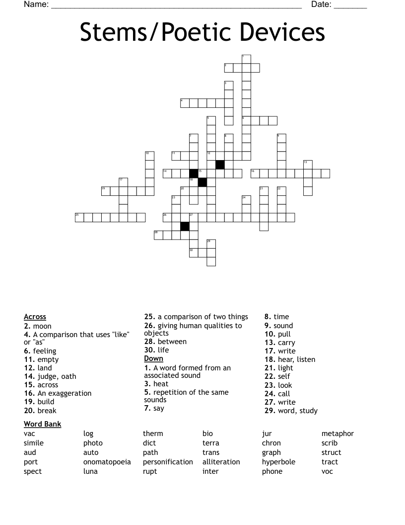 Stems/Poetic Devices Crossword