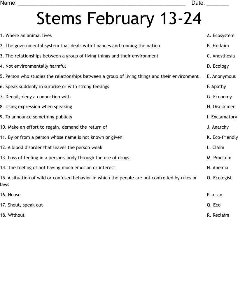 Stems February 13-24 Worksheet