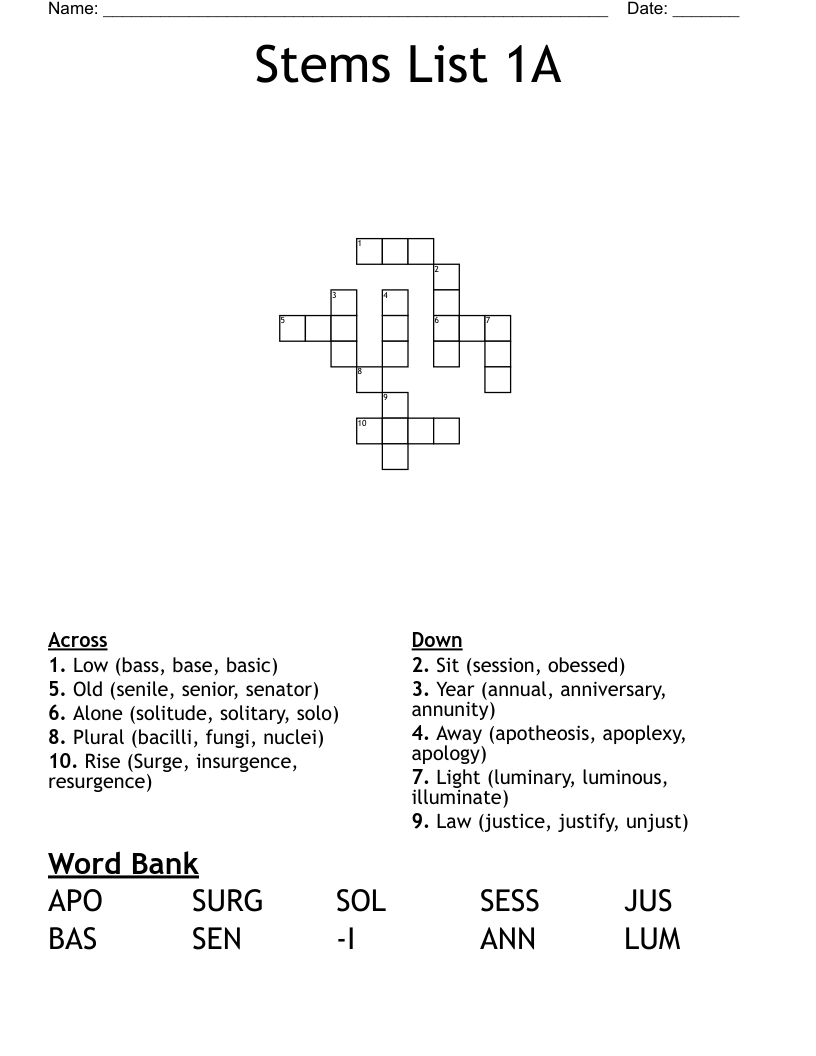 Stems List 1A Crossword
