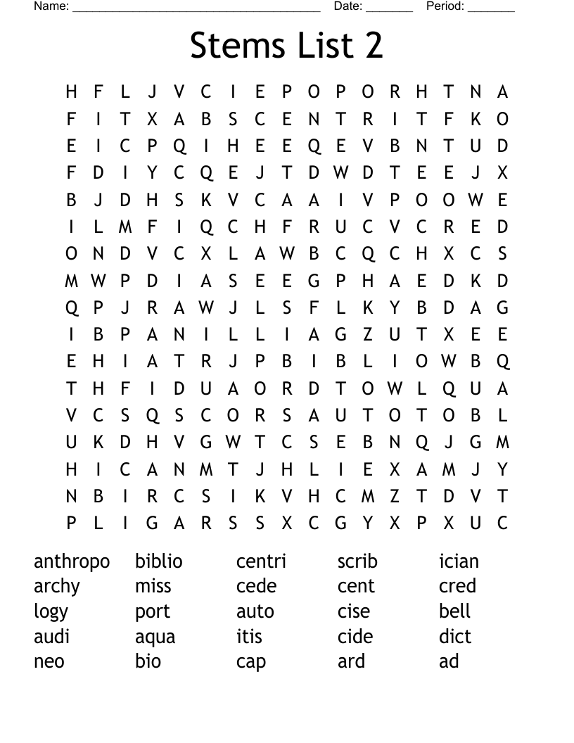 Stems List 2 Word Search
