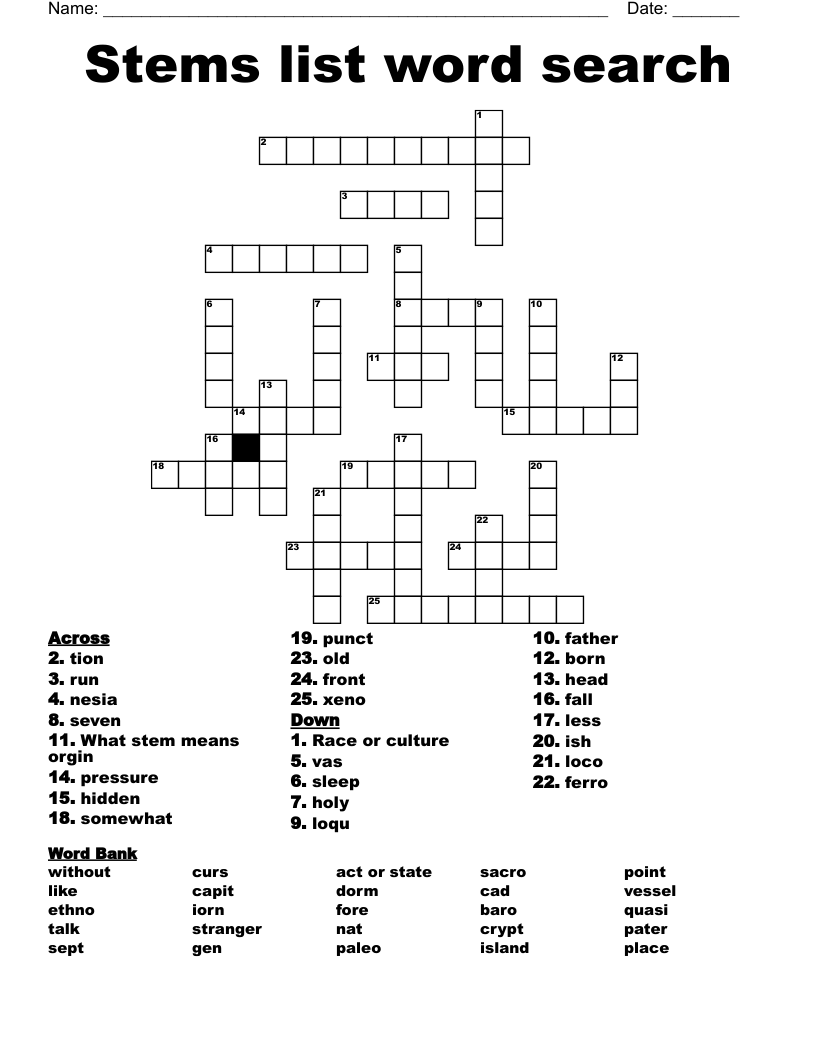 Stems list word search Crossword