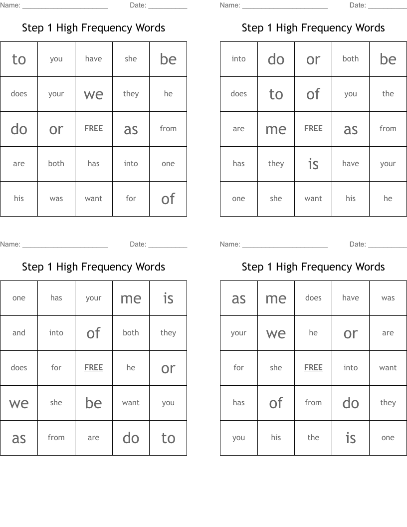 Step 1 High Frequency Words Bingo Cards