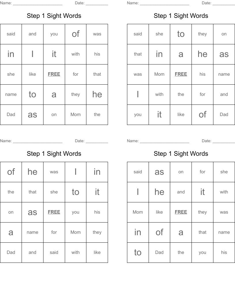 Step 1 Sight Words Bingo Cards