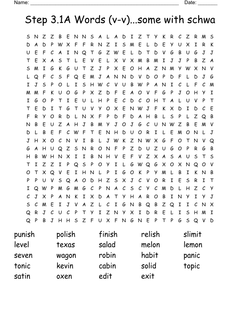 Step 3.1A Words (v-v)...some with schwa Word Search