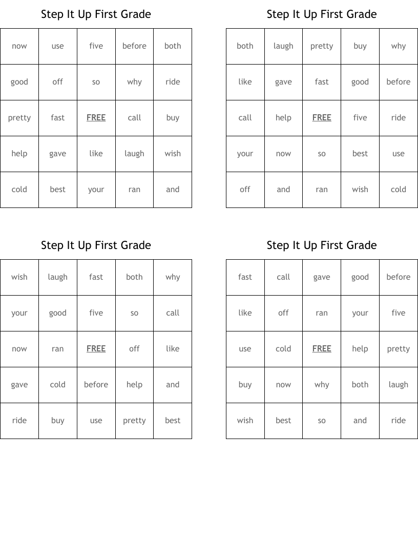 Step It Up First Grade Bingo Cards
