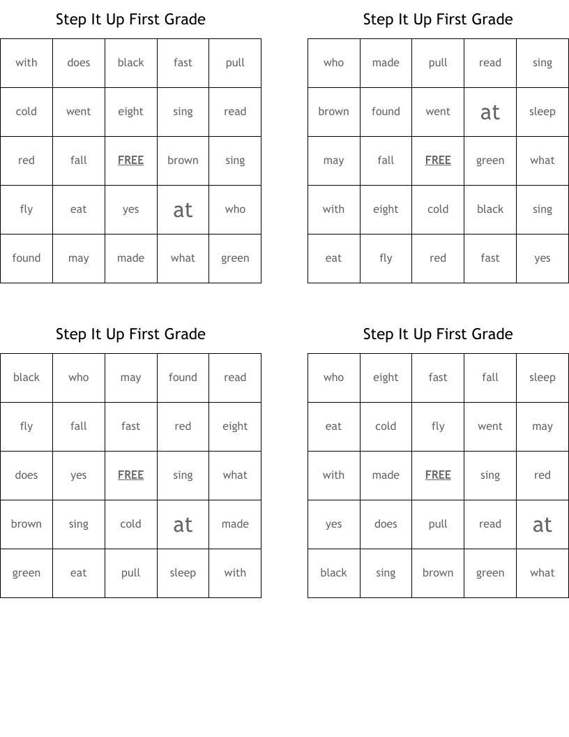 Step It Up First Grade Bingo Cards