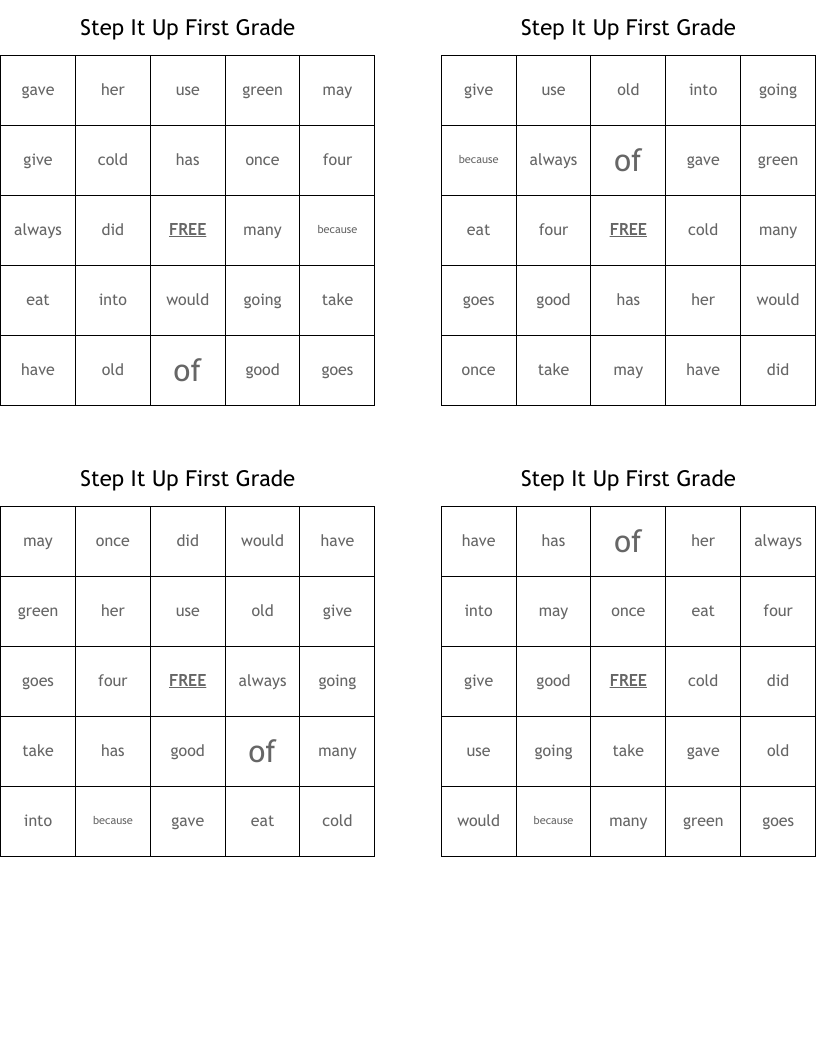 Step It Up First Grade Bingo Cards