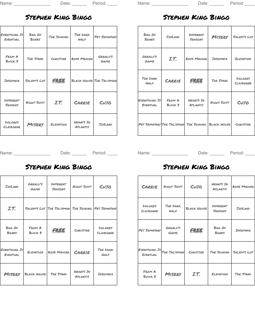 Stephen King Bingo