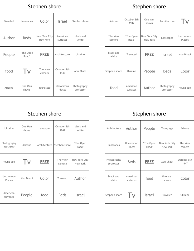 Stephen shore Bingo Cards