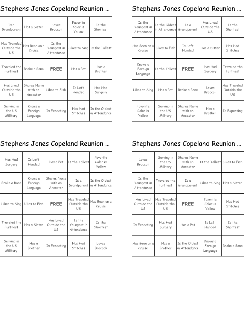 Stephens Jones Copeland Reunion Bingo