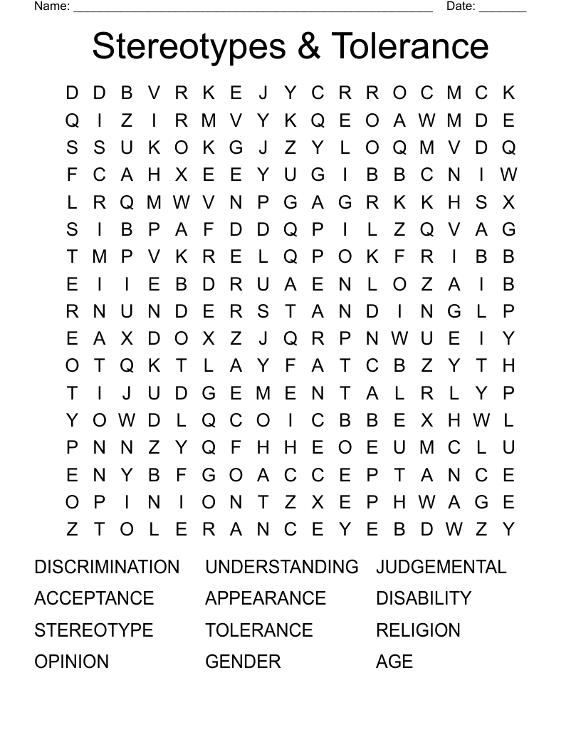 Stereotypes & Tolerance Word Search