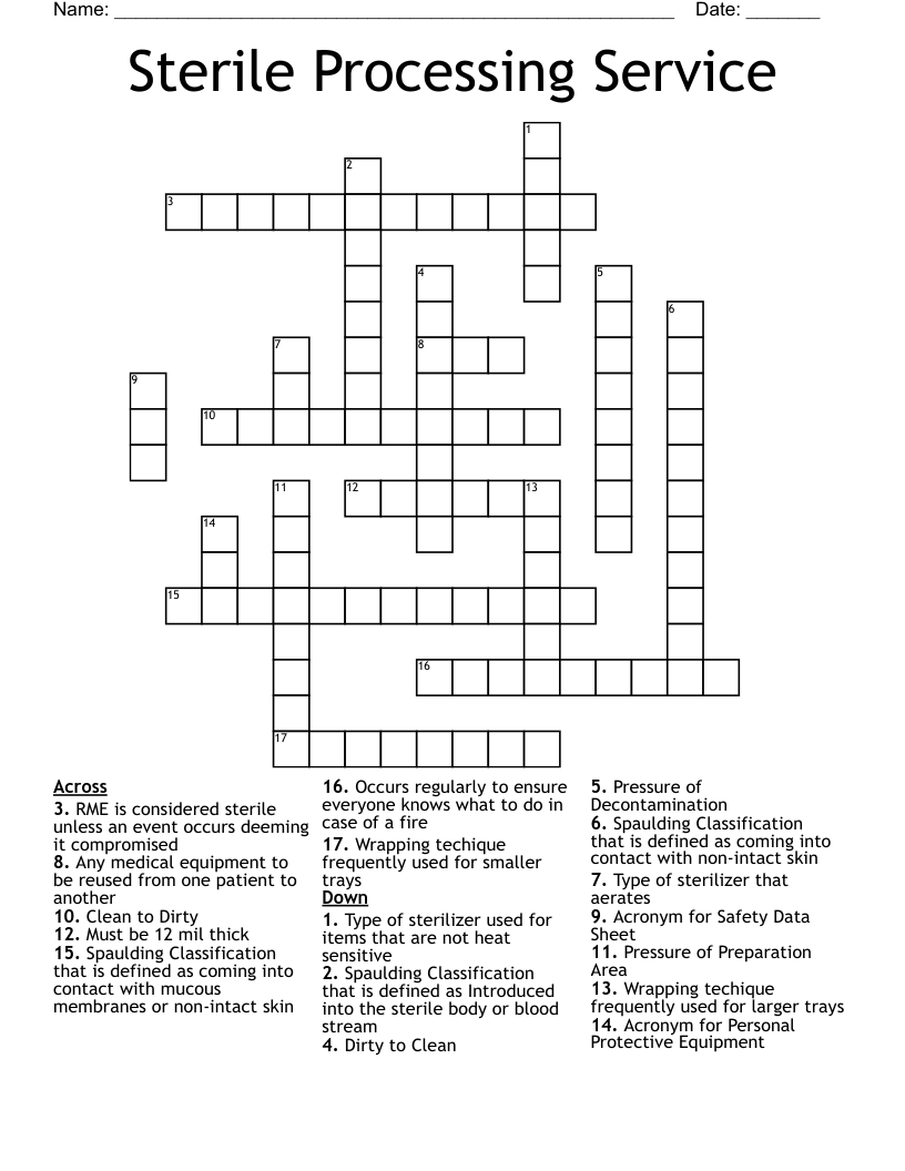 Sterile Processing Service Crossword