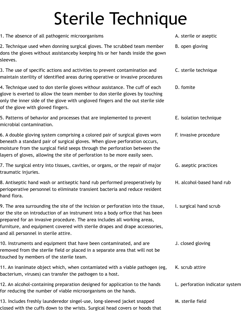 Sterile Technique Worksheet