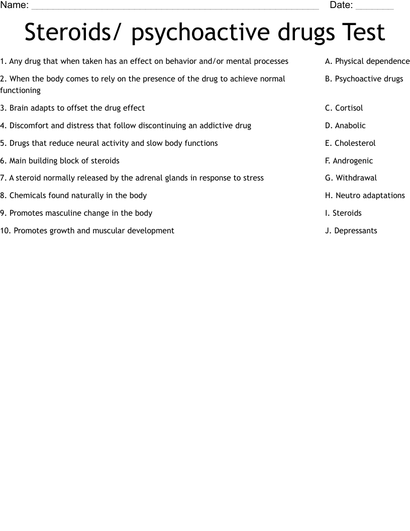 Steroids/ psychoactive drugs Test  Worksheet