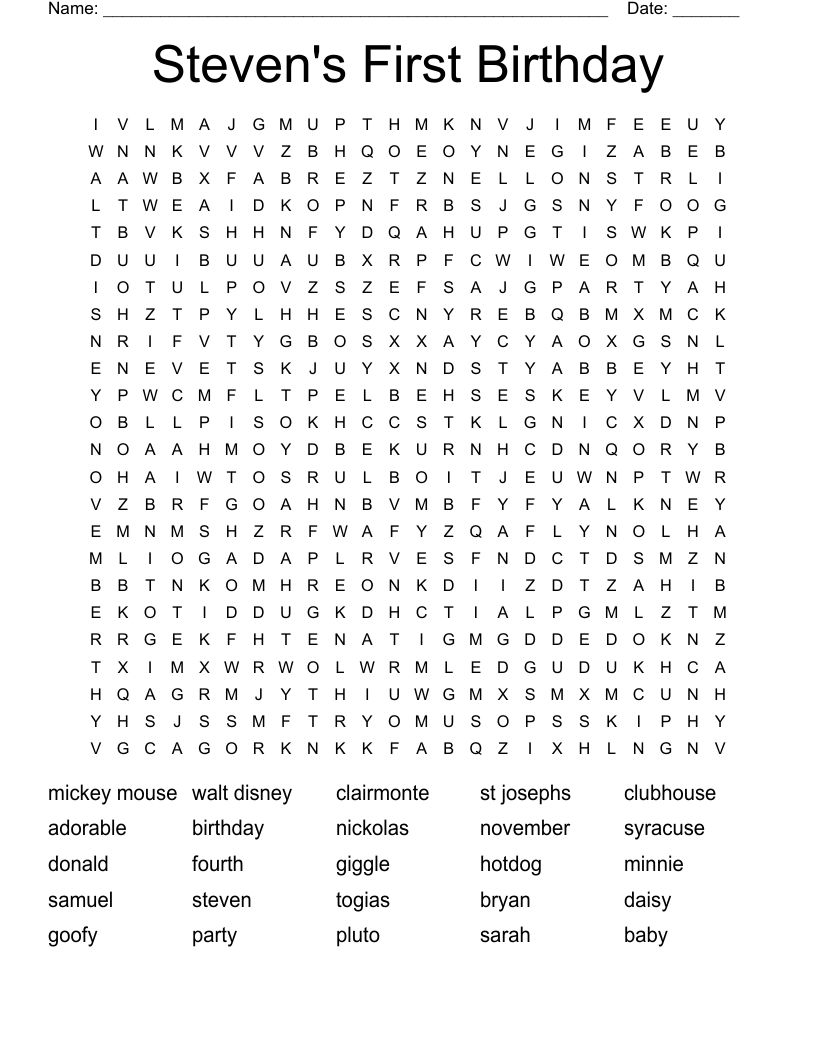 Steven's First Birthday Word Search