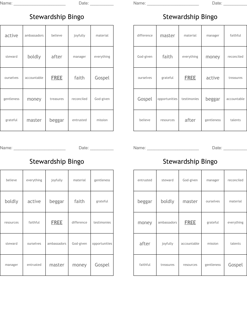 Stewardship Bingo