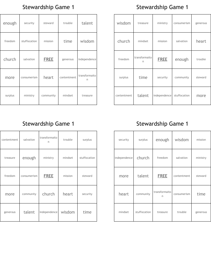 Stewardship Game 1 Bingo Cards