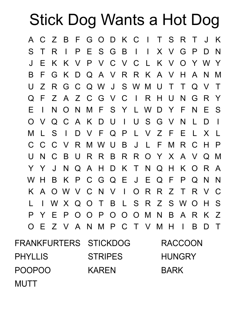 Stick Dog Wants a Hot Dog Word Search