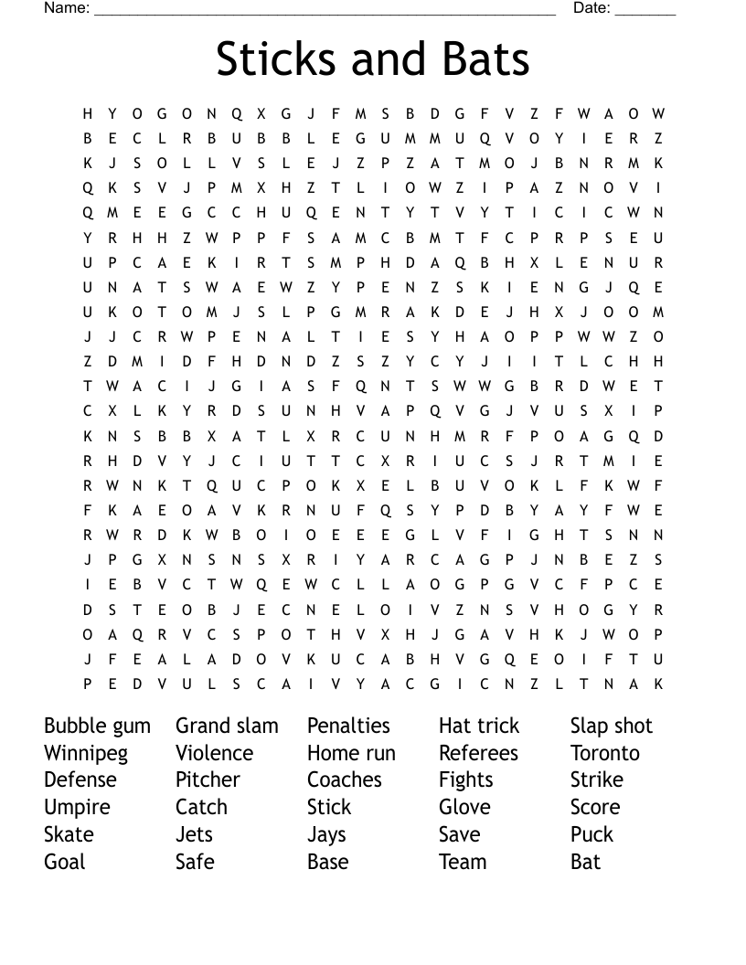 Sticks and Bats Word Search