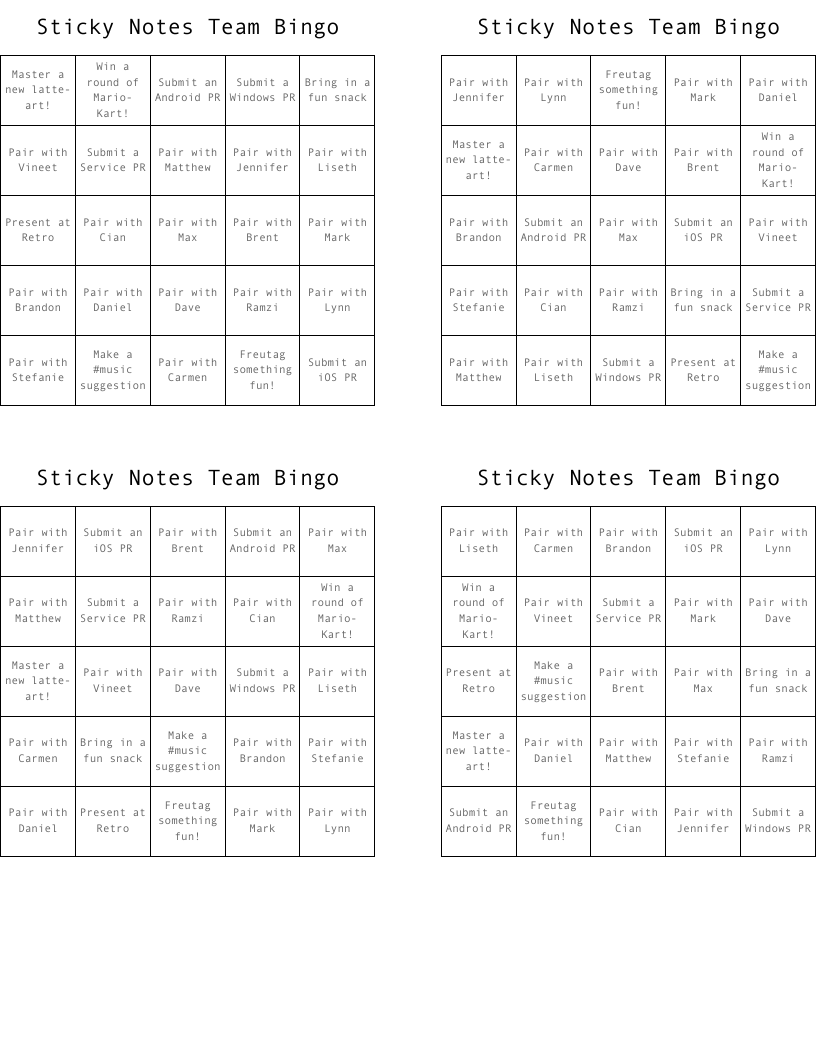 Sticky Notes Team Bingo