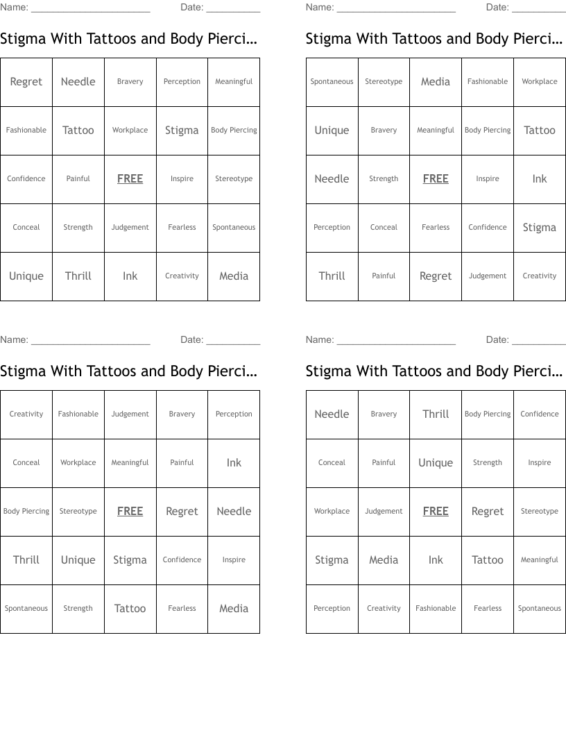 Stigma With Tattoos and Body Piercings Bingo Cards