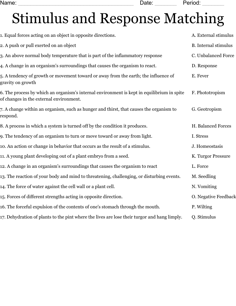 Stimulus and Response Matching Worksheet