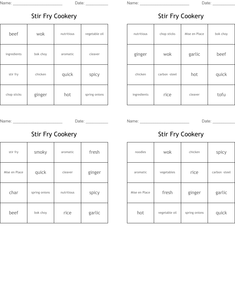 Stir Fry Cookery Bingo Cards