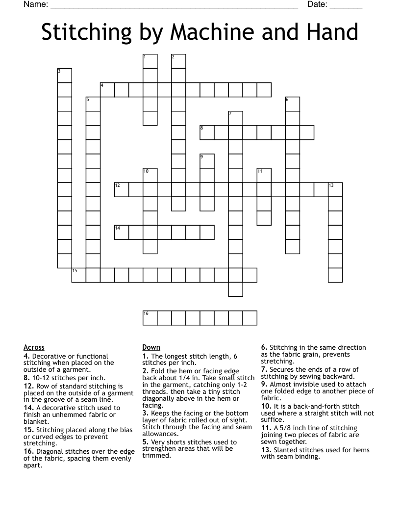 Stitching by Machine and Hand Crossword