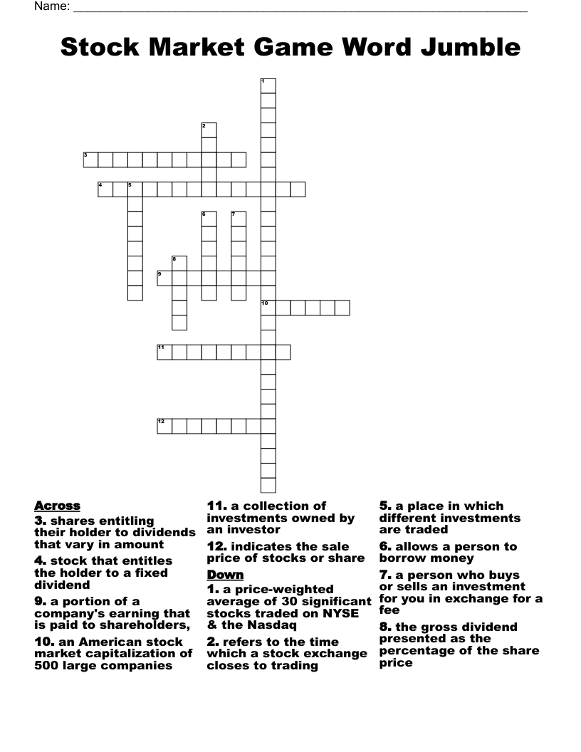 Stock Market Game Word Jumble Crossword