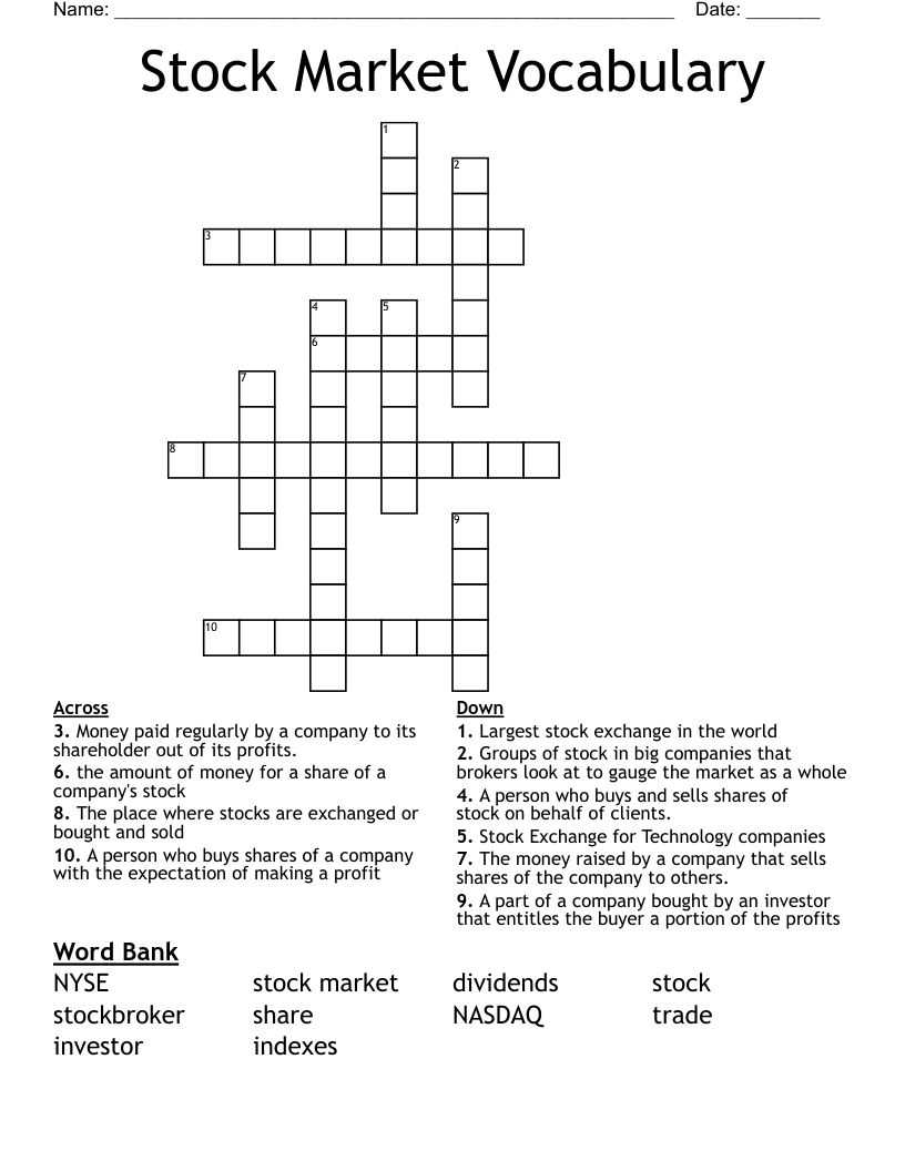 Stock Market Vocabulary Crossword