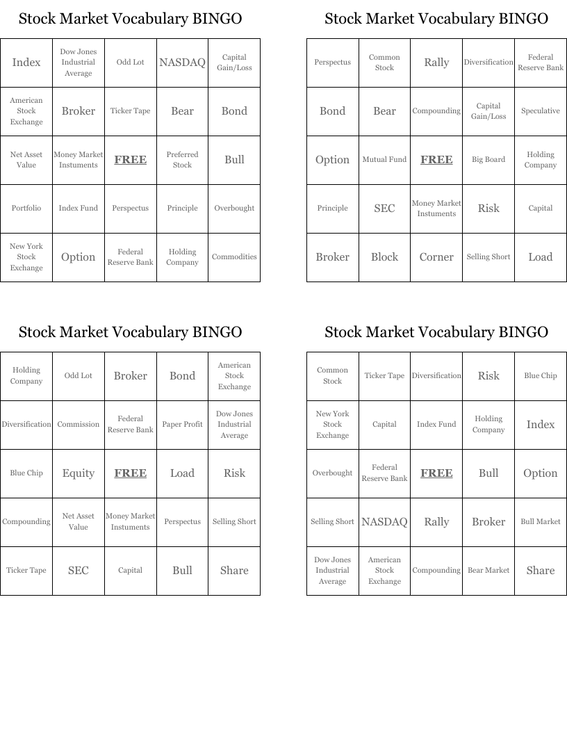 Stock Market Vocabulary BINGO