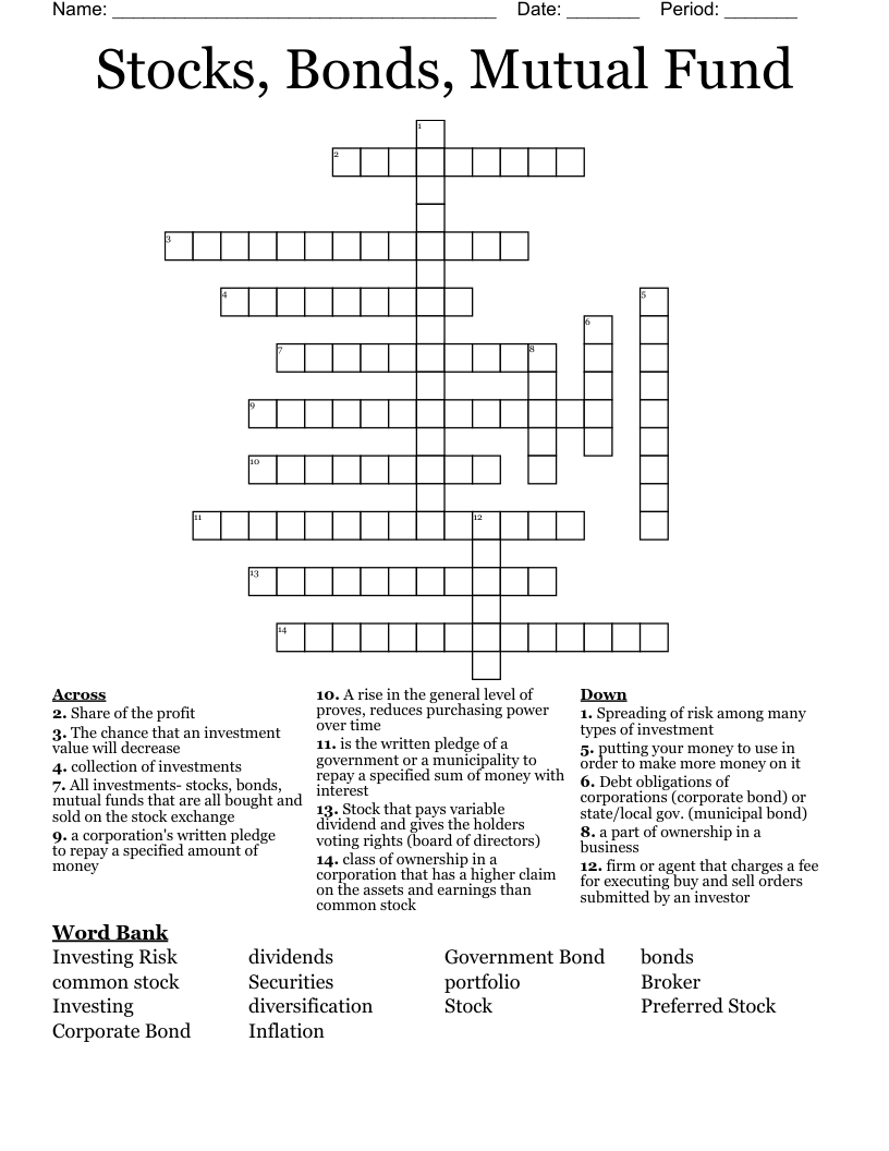 Stocks, Bonds, Mutual Fund Crossword