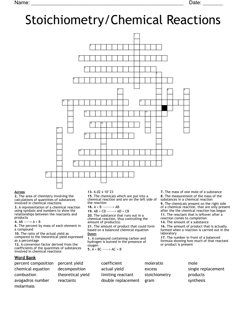 Stoichiometry/Chemical Reactions Crossword