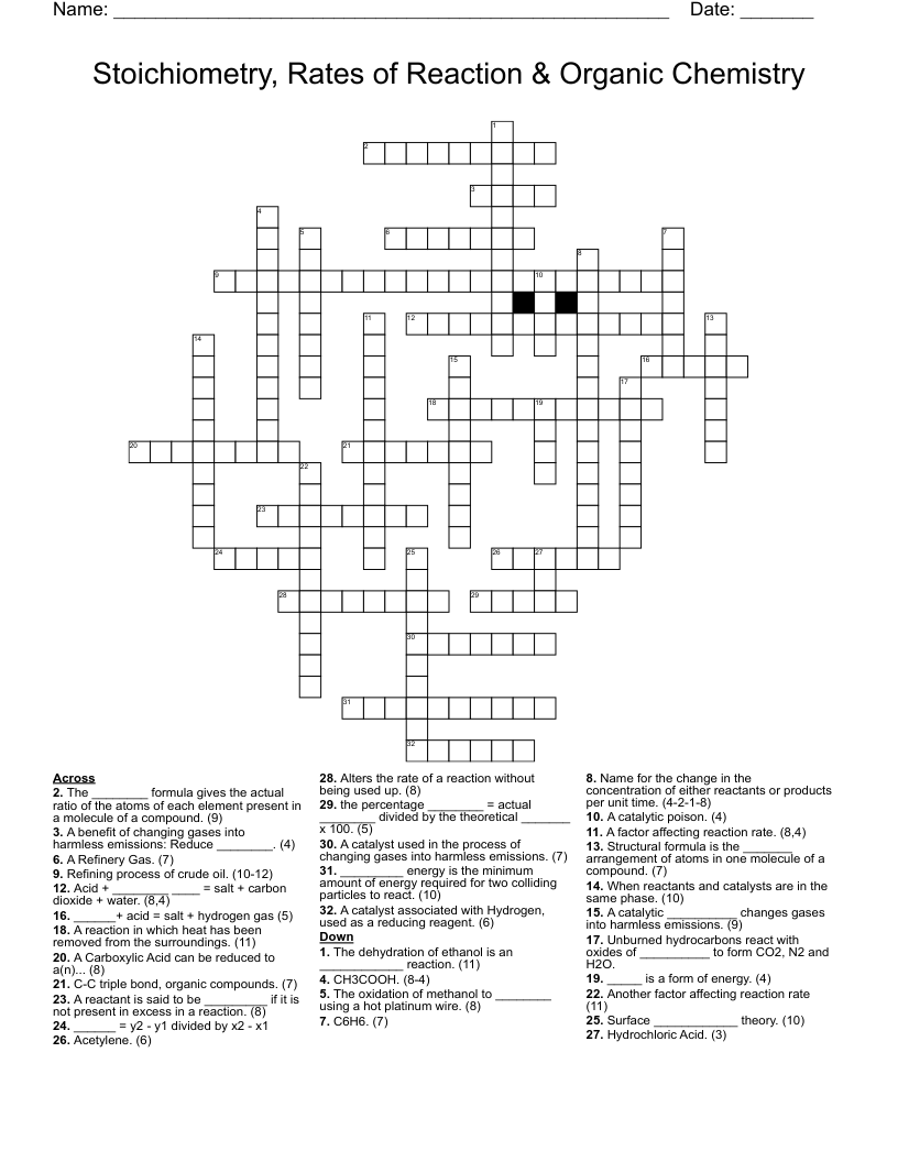 Stoichiometry, Rates of Reaction & Organic Chemistry Crossword