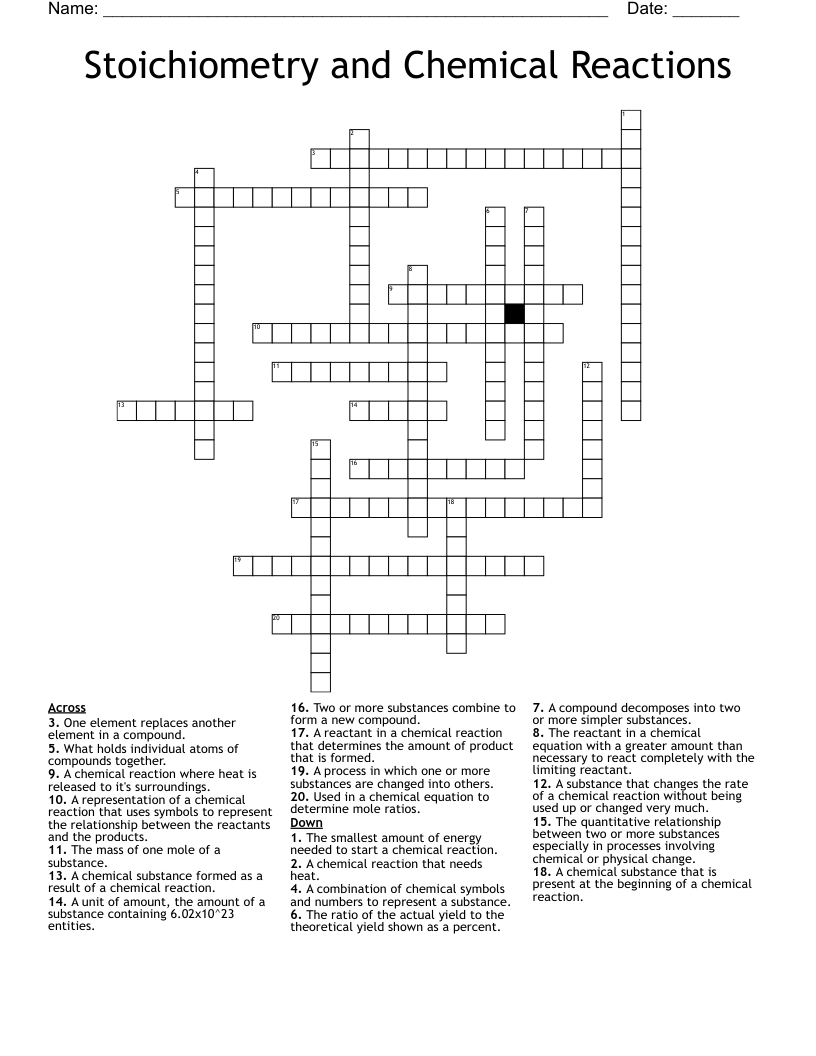 Stoichiometry and Chemical Reactions Crossword