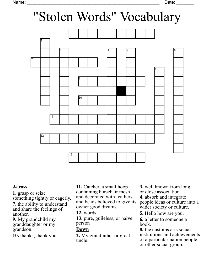 "Stolen Words" Vocabulary Crossword