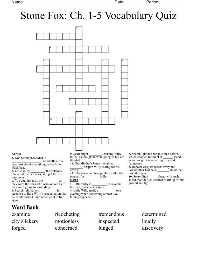 Stone Fox: Ch. 1-5 Vocabulary Quiz Crossword