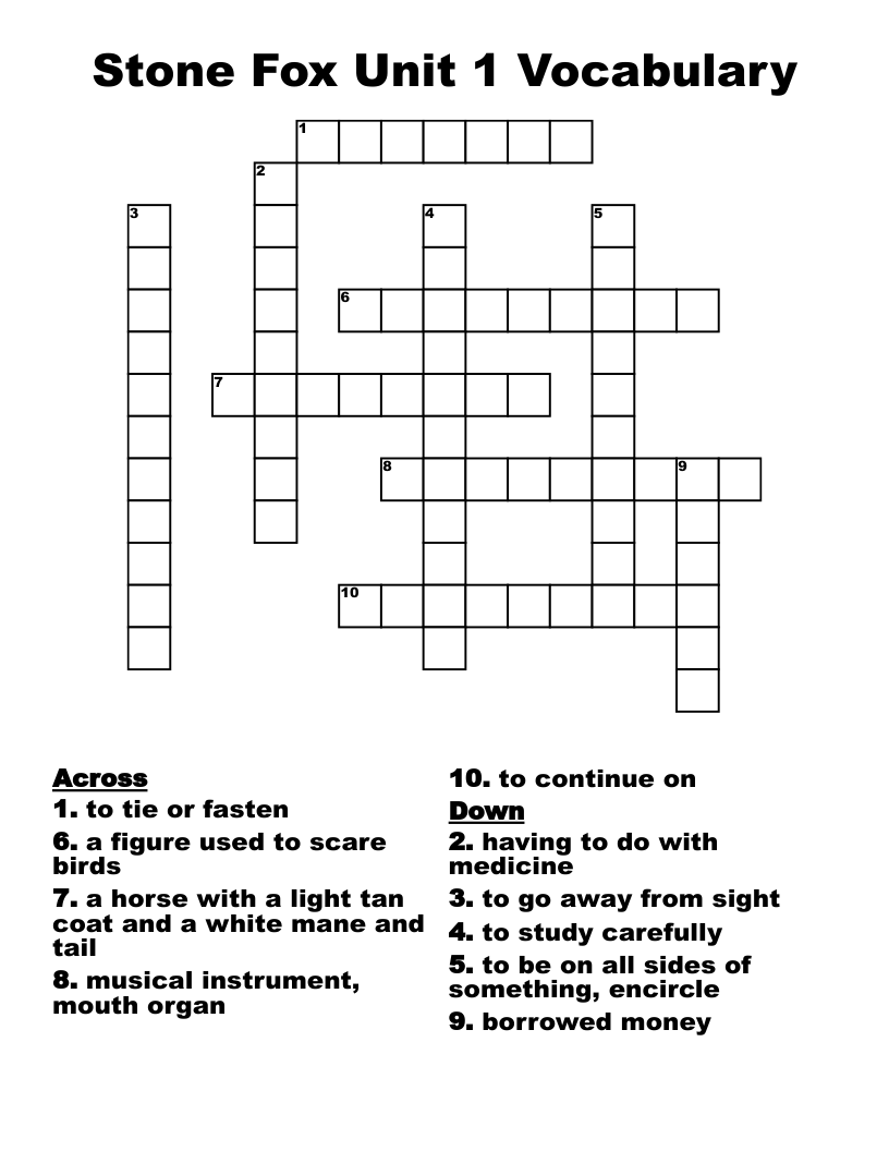 Stone Fox Unit 1 Vocabulary Crossword
