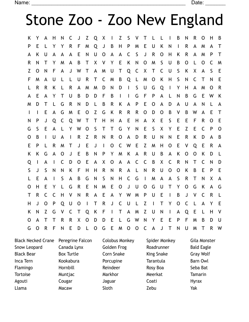 Stone Zoo - Zoo New England Word Search