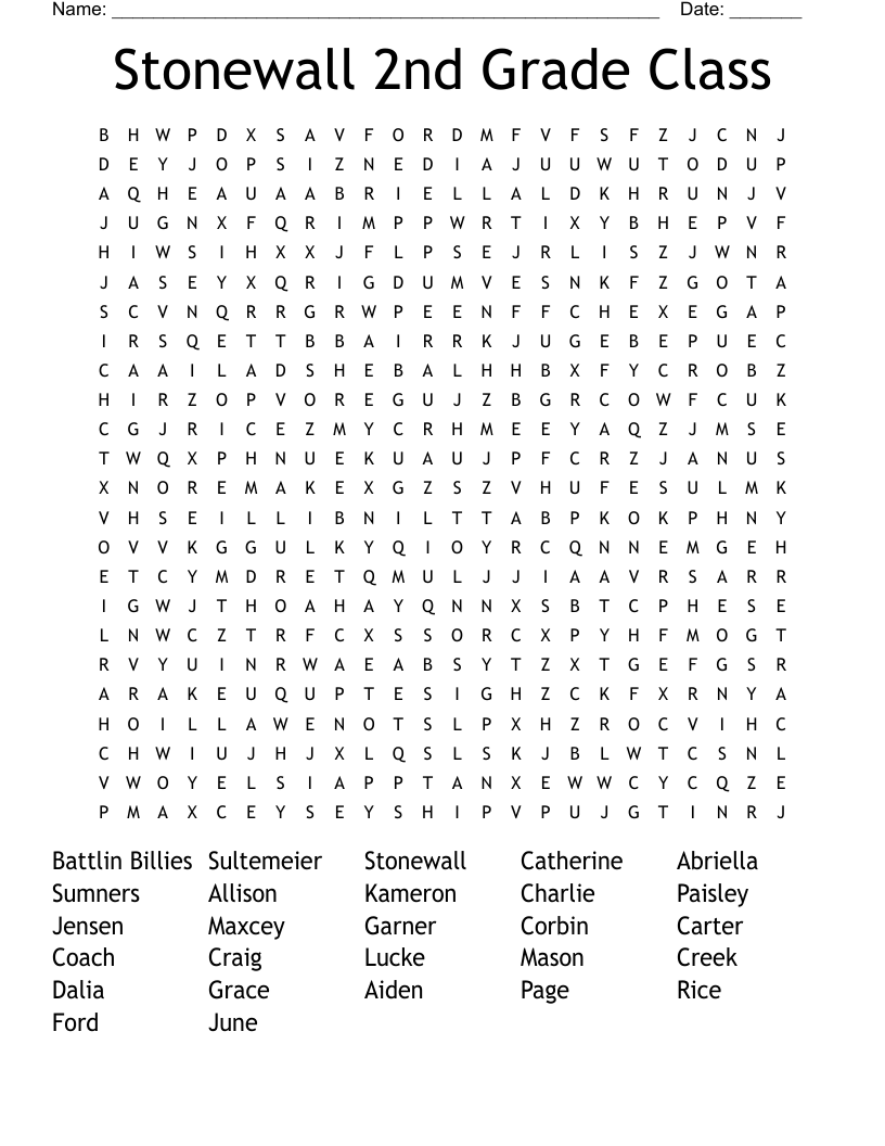 Stonewall 2nd Grade Class Word Search
