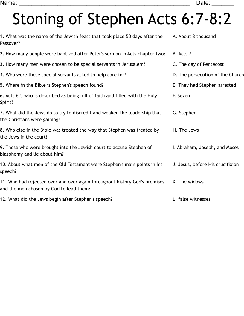 Stoning of Stephen Acts 6:7-8:2 Worksheet