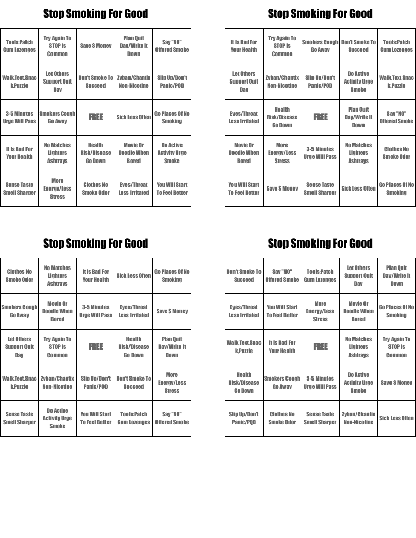 Stop Smoking For Good Bingo Cards