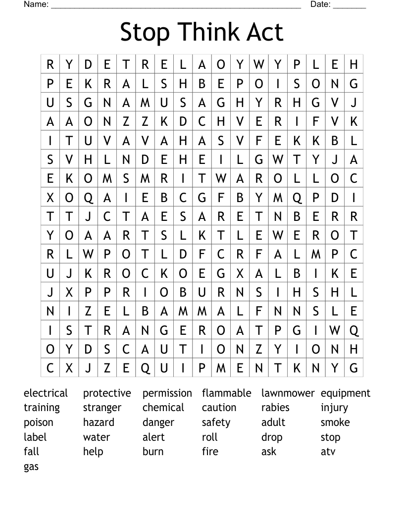 Stop Think Act Word Search