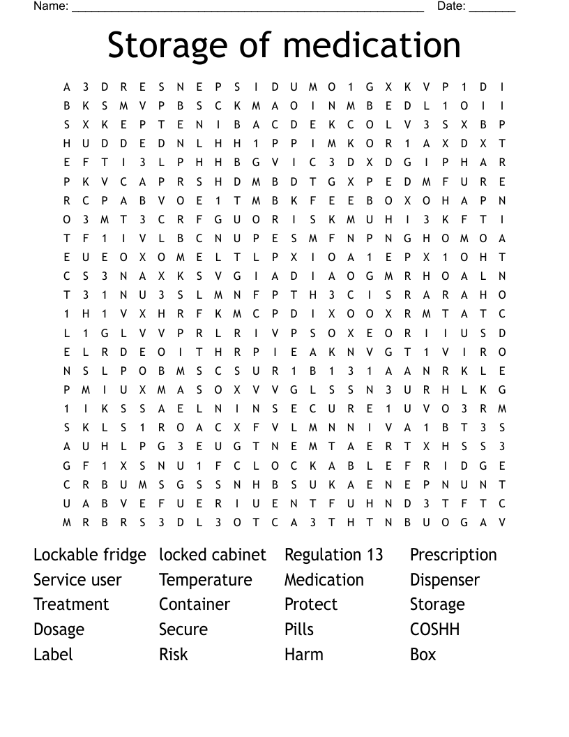 Storage of medication Word Search