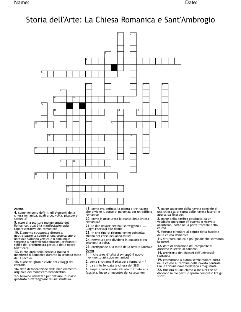 Storia dell'Arte:  La Chiesa Romanica e Sant'Ambrogio Crossword