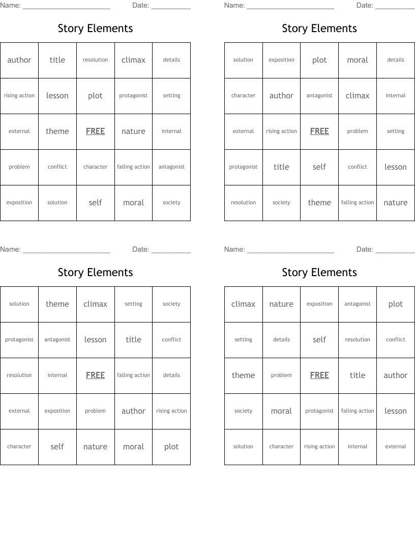 Story Elements Bingo Cards