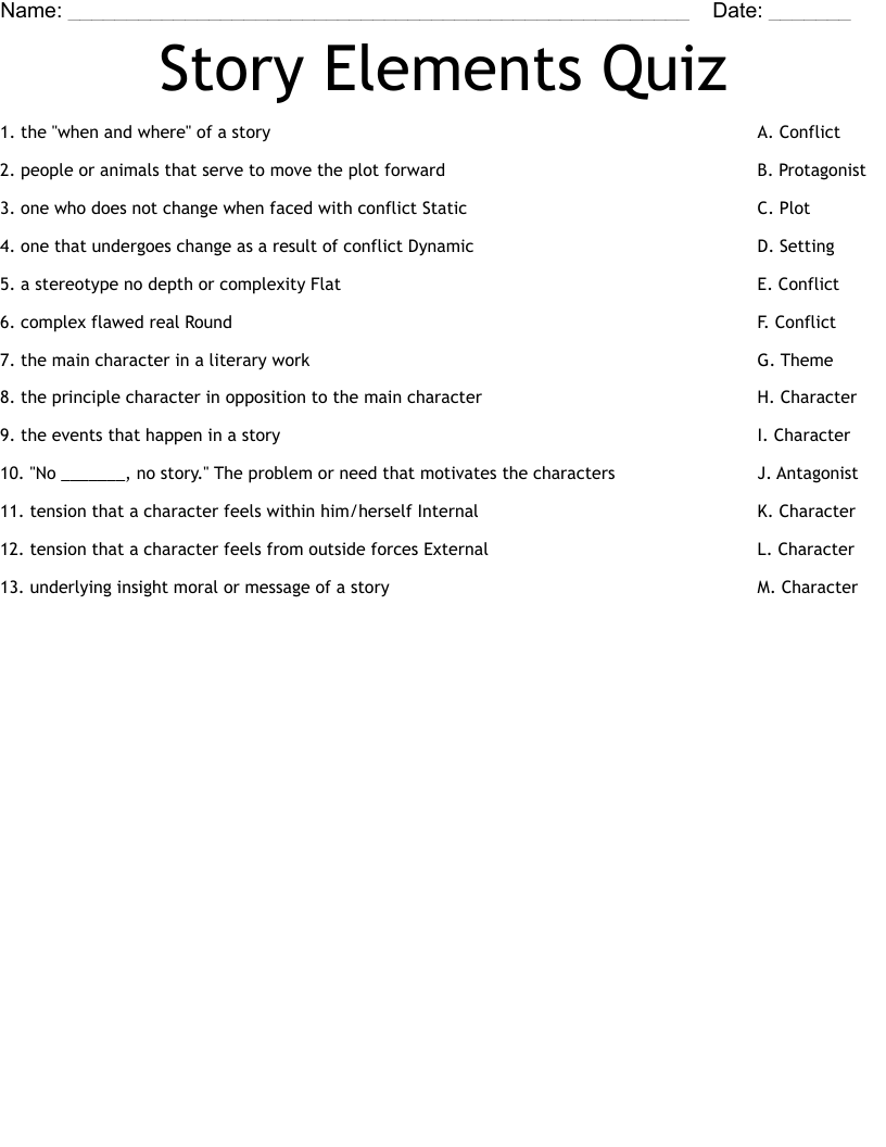Story Elements Quiz Worksheet