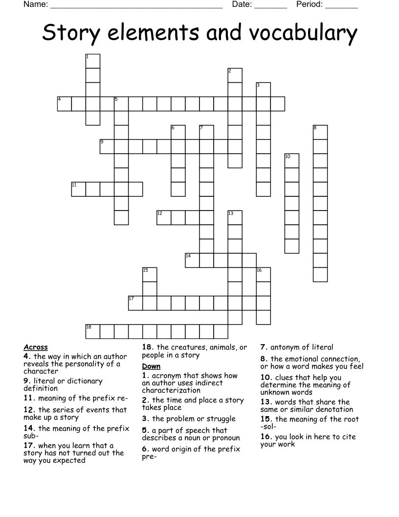 Story elements and vocabulary Crossword