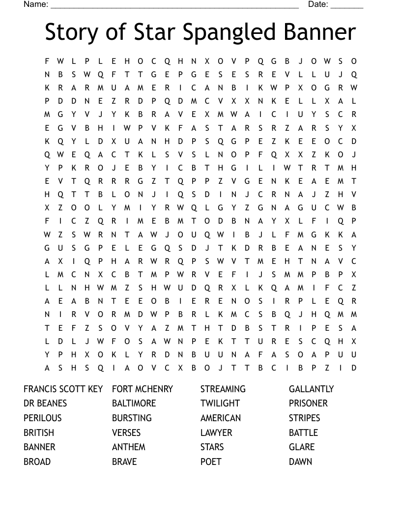 Story of Star Spangled Banner  Word Search